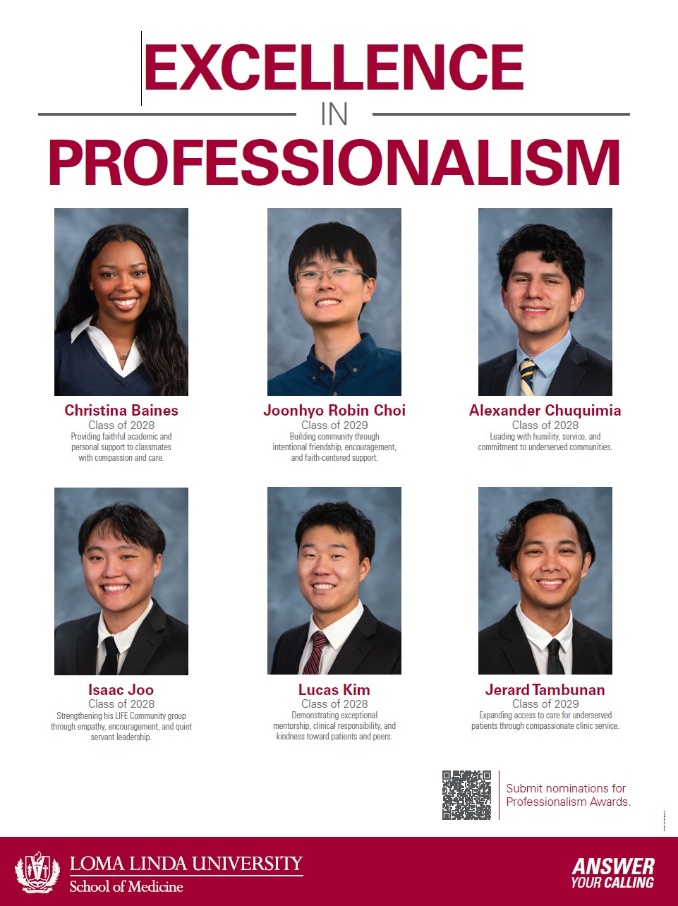 six students as professonal headshots with description on why they are being recognized for professionalism