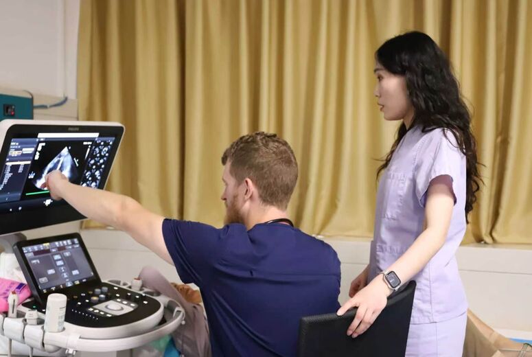 Medical student showing results on screen to a healthcare professional