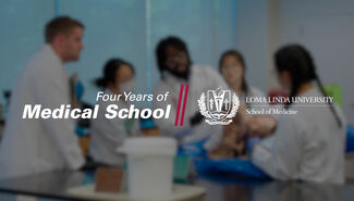 Image of four medical students in anatomy lab with text of the film Four Years of Medical School