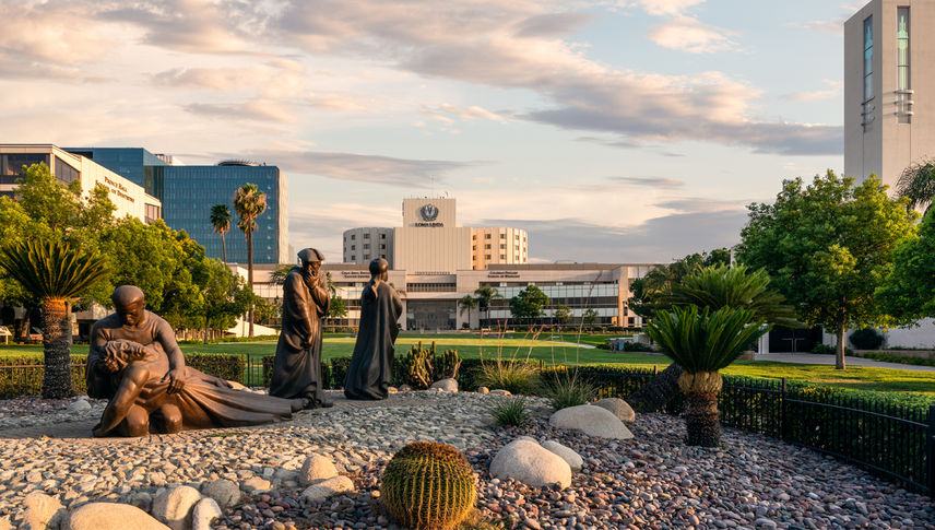 Good Samaritan display with hospital in background