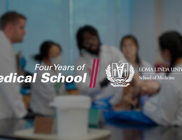 A photo of students with text of Four Years of Medical School